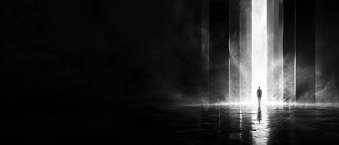 Dark monochrome cinematic space with a luminous opening for project discussion