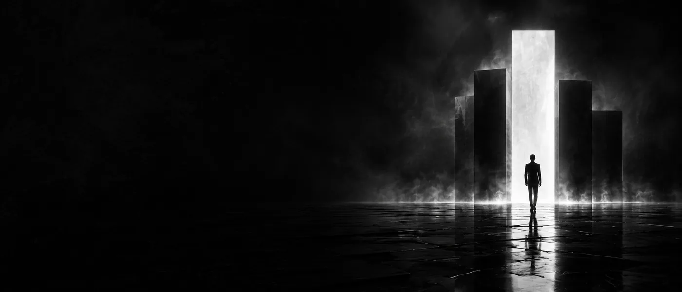 Monochrome cinematic AI film studio environment with a human silhouette and luminous production architecture