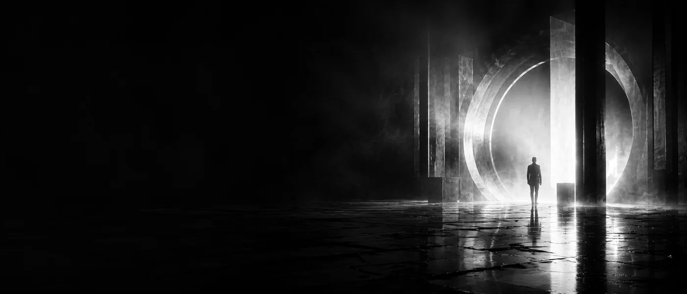 Black and white synthetic film production scene with circular light architecture