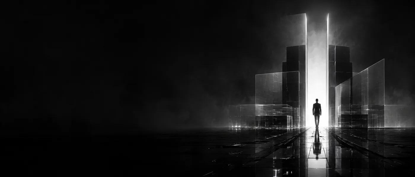 Controlled AI production framework visual with modular structures and a human silhouette